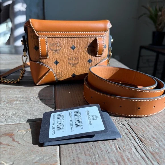 MCM Visetos Crossbody/ Belt Bag Small Flap Bag in Cognac - Picture 2 of 4